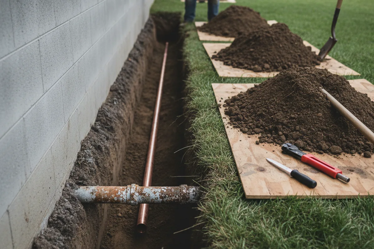 Excavated water line trench during Water Softener Installation in Ketchum